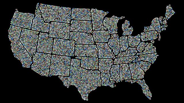 Tablets swarming around individual US states representing the opioid epidemic, pill abuse and drug addiction, caused by anxiety and depression. Overdose with antibiotics, vitamins, or painkillers. 4K