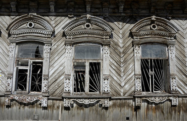 Window in an old wooden building in Chelyabinsk, Russia.