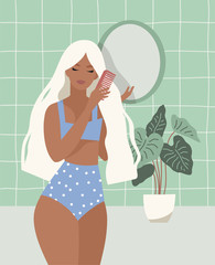Beautiful woman combing her long hair with a comb near the bathroom mirror. Girl with white hair in underwear in a room with a flowerpot. Illustration of hair care