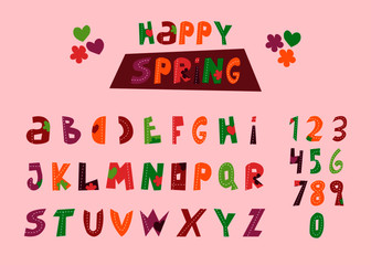 Funny cartoon alphabet. Color vector english alphabet, vintage font, hand drawn funny typography, numbers