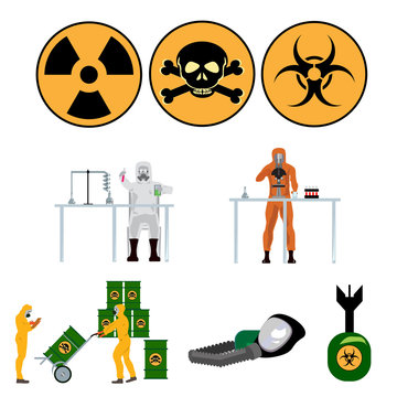 Icons for radioactive, bacteriological, chemical hazard. Scientists in protective suits.