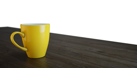 3D render. Bright cup on a wooden brown table or shelf.