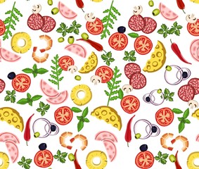 Set of various pizza ingredients. sausage, meat, seafood, fresh vegetables, mushrooms, cheese, greens, onions, pineapples, olives 02