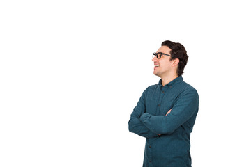 Side view contented businessman, keeps arms crossed, looking ahead as talking to someone isolated on white background with copy space. Joyful business worker, wearing glasses, open mouth speaking. - 342802233