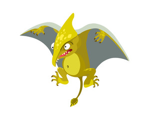 prehistoric reptile of the Jurassic period, flying yellow green pterodactyl with grey wings, funny character, color vector illustration isolated on white background in cartoon and hand drawn style © Николай Шитов