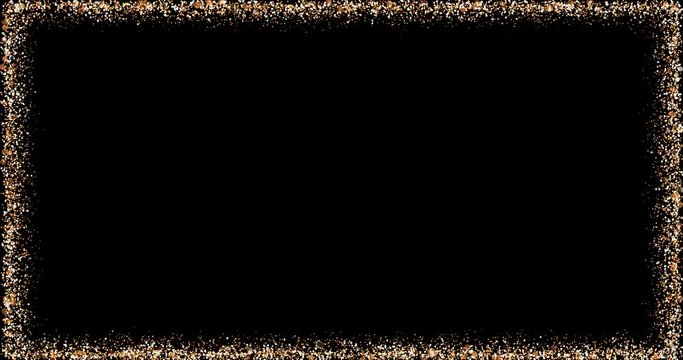 Golden frame. An empty rectangle emits shiny particles of glitter on a black background. Element for celebratory composition. Looping 3D animation