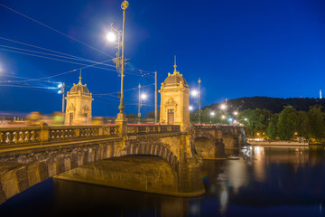 Fototapeta na wymiar Bridge and Prague Castle at night, Prague, Vltava River, Czech Republic
