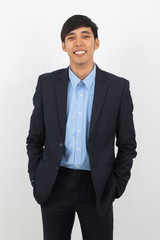 Portrait of happy smiling asian businessman in black suit isolated on white background, Business success concept.