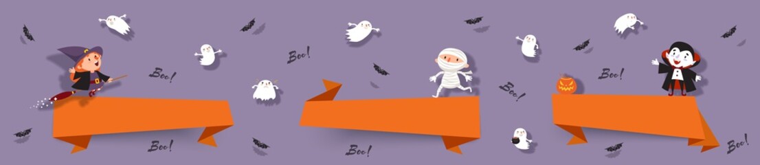 Halloween, set papercut ribbons with witch, vampire, ghost, mummy, bat