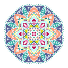 Ethnic mandala with colorful tribal ornament. Vector illustration isolated on white background. Design element for holiday cards, background and sites. Islam, Arabic, Indian motifs.