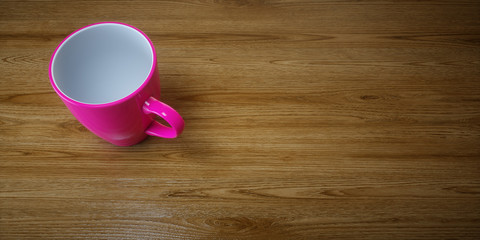 3D render. Bright cup on a wooden brown table or shelf.