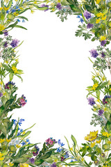 Frame with spring flowers. Watercolor background with blossoming Lungwort, Corydalis, Snowdrop, Adonis, Kaluzhnitsa.
