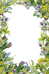 Fototapeta premium Frame with spring flowers. Watercolor background with blossoming Lungwort, Corydalis, Snowdrop, Adonis, Kaluzhnitsa.
