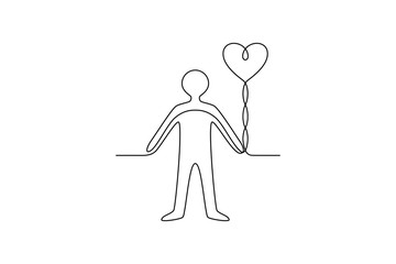 Continuous line drawing. People. Man holding balloon. Heart shaped. Black isolated on white background. Hand drawn vector illustration. 