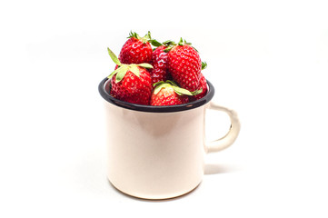 Strawberries in an Enamel Mug, Isolated, White Background