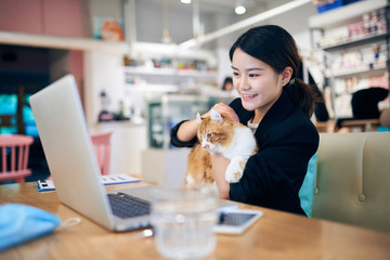 Young Asian woman holding a cat was having video call on the laptop at home.