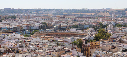 Naklejka premium aerial view towards the grand royal bullring and historical buildings - Seville