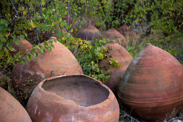 Large brown earthenware jars lie in the bushes. One clay barrel is broken. Cyprus, Omodos village. Pottery master's vessels