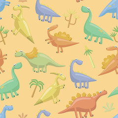Dinosaurs flat vector seamless pattern on orange background.