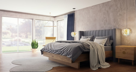 Modern interior design of spacious bedroom with large windows and garden and forest in background, 3d rendering, 3d illustration