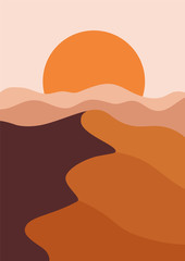 Desert landscape in a vertical format, warm beige colors. Vector illustration with sunset in mountains. Abstract landscape poster. - 342813261