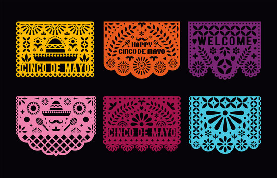 Vector Papel Picado cards set. Mexican paper decorations for party. Cut out compositions for paper garland. May 5, mexican holiday Cinco de mayo.