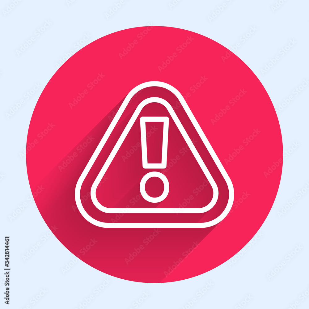 Poster white line exclamation mark in triangle icon isolated with long shadow. hazard warning sign, careful