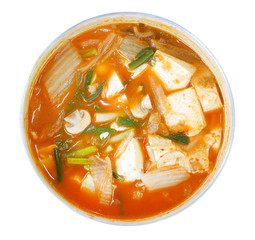 Homemade food Korean traditional kimchi soup top view isolated on white background clipping path included, Kimchi Jjigae