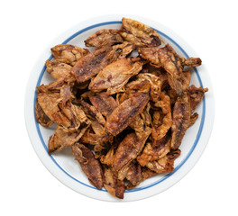 Fried crispy squid top view isolated on white background clipping path included