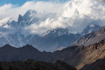 Karakoram mountain range panorama on the way to Rush lake cloudy day gradient