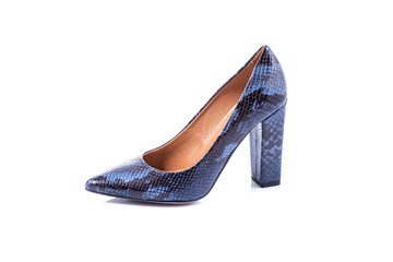Elegant high heel navy blue woman shoes isolated on white background