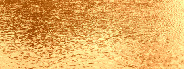 Circles on the water from raindrops. Golden abstract natural background.