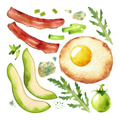 Isolated watercolor breakfast with fried egg, bacon and vegetables on white background