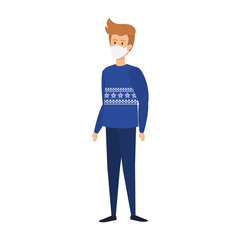 young man with coat using face mask isolated icon vector illustration design