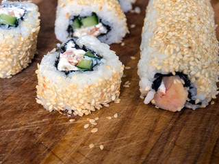 Home made sushi ready for eating. Food made at home.