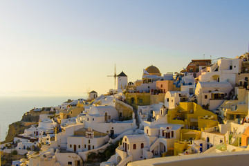 Panorama of the city during sunset in the village of Oia, Santorini.