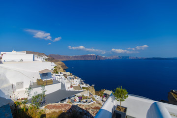 Roof of hotels on the background of the Mediterranean Sea on the island of Santorini, Oia village.