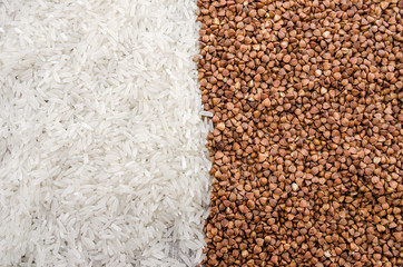 Background with buckwheat and rice.