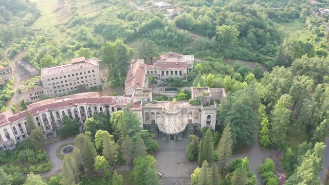 The ruins of the old Soviet sanatorium, whose architecture which classical style and of Georgian ethnic decor. Tskaltubo Georgia.