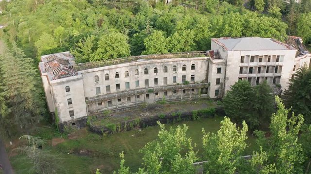 The ruins of the old Soviet sanatorium, whose architecture which classical style and of Georgian ethnic decor. Tskaltubo Georgia.