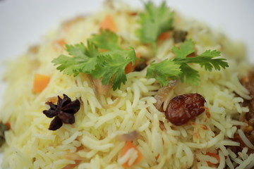 Chicken Biryani showing leg piece - It's a delicious recipe of Basmati rice mixed with with spicy marinated chicken in a bowl.  Served in a bowl or plate. Selective focus