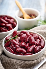 Red kidney beans from can in white bowl on a table.