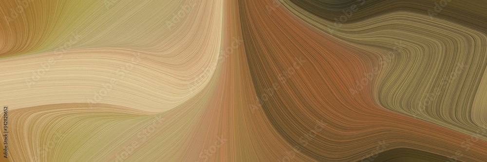 Poster abstract artistic designed horizontal banner with pastel brown, dark olive green and tan colors. fluid curved lines with dynamic flowing waves and curves