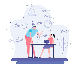 Higher Education in University or College. Cartoon vector flat illustration people learning mathematic with mathematic item and element