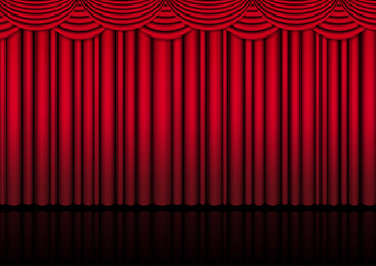 Realistic theater stage indoor with a red curtain for comedy show or opera act movie. Vector illustration.