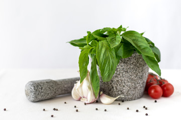 A grey stone mortal and pestle with fresh green basil, garlic, black pepper and cherry tomatoes. Place for text.