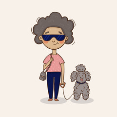 Сute an old lady walking a poodle dog. Hand-Drawn Vector cartoon Illustration