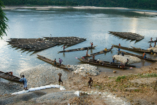 Standing boat at Piyain River in Indro-Bnagla border, Jaflong , Sylhet, Bangladesh on March 9, 2010.