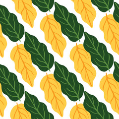 Hand drawn autumn leaves seamless pattern on white background. Yellow and green leaf.