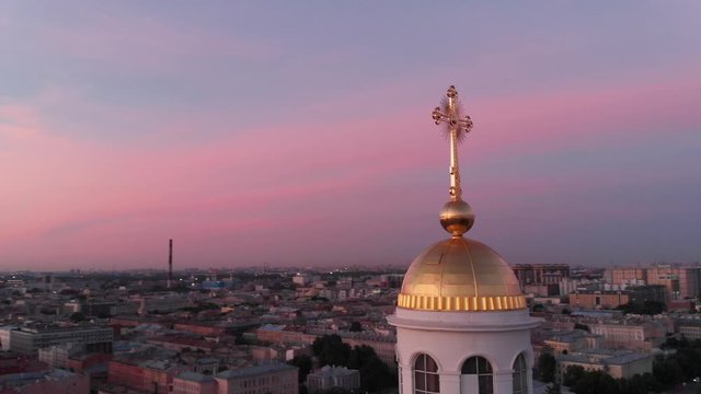 Amazing drone shots a seagull flying above the Trinity Cathedral at sunrise, Saint Petersburg, Russia